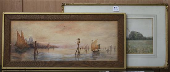 Helen Nield, watercolour, Off Venice, signed and dated 1909, 28 x 74cm and a watercolour landscape signed Pugne